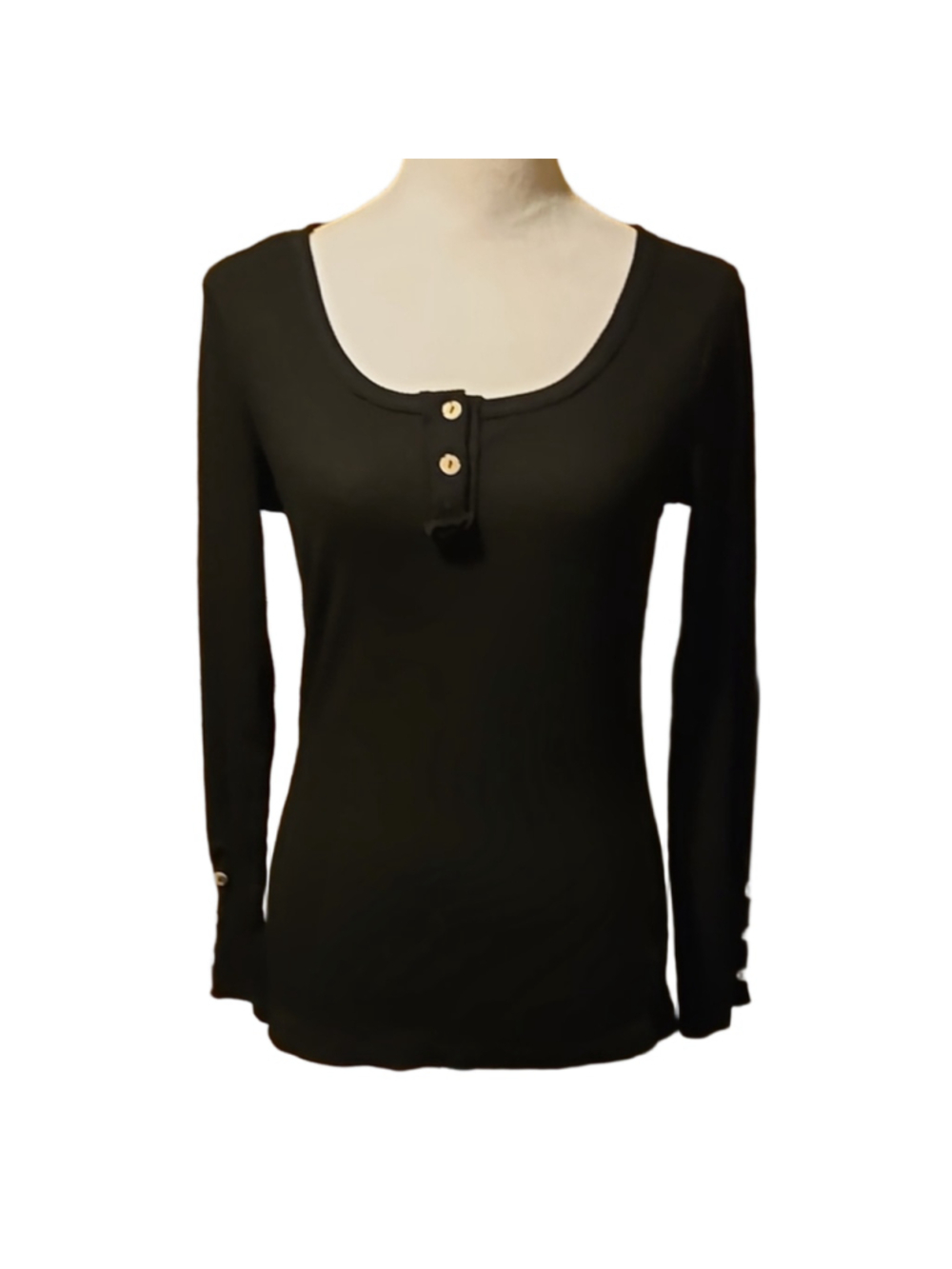 Women's Black Henley Long Sleeve Ribbed Fitted Top. M